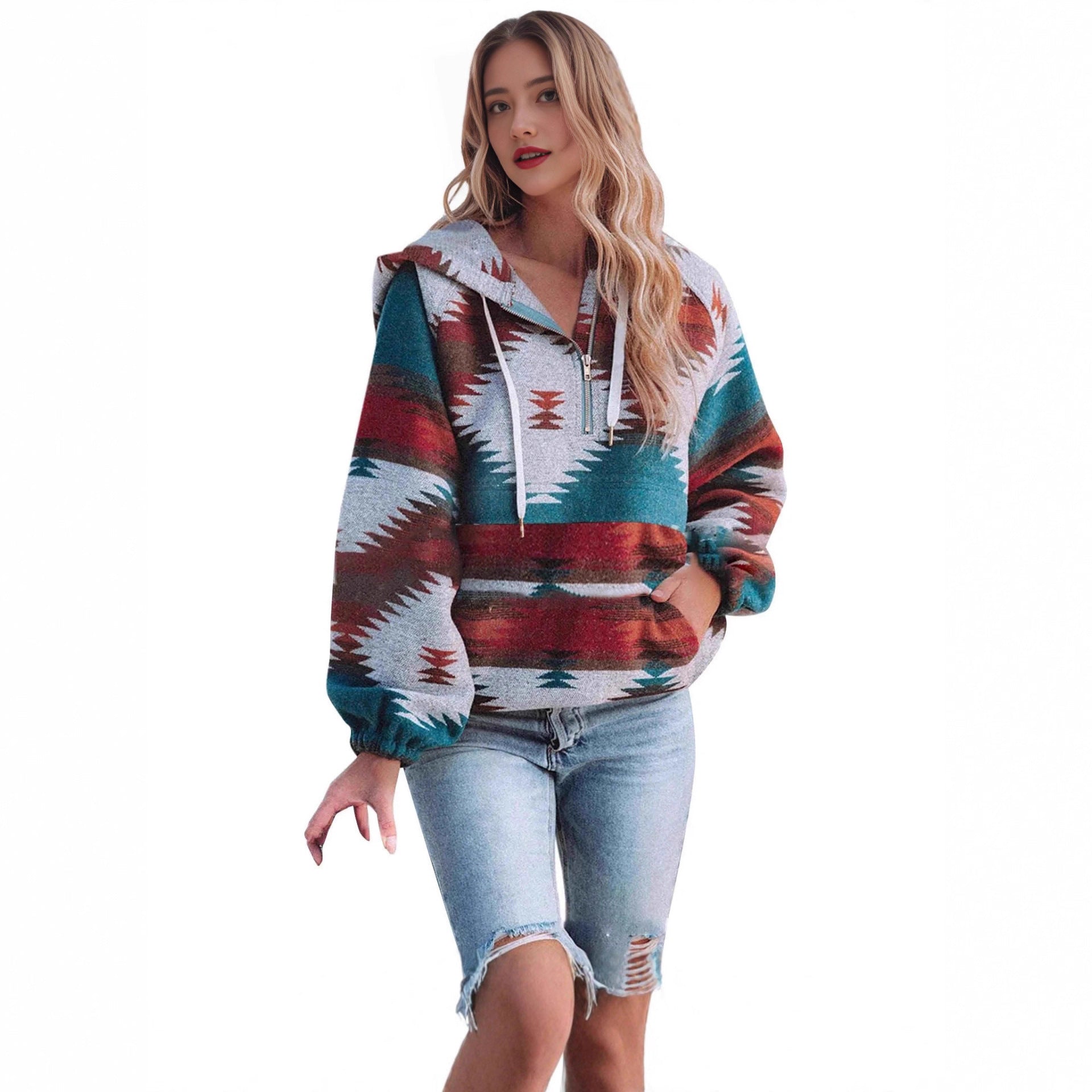 Women's Retro Fashion Half-Zip Long Sleeve Sweatshirt